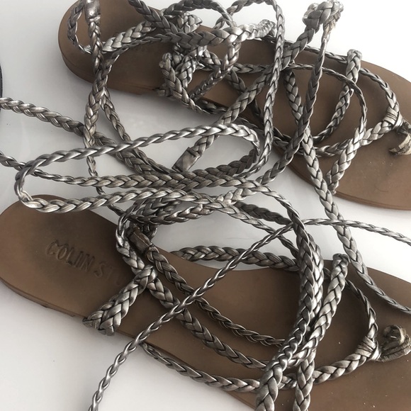 Colin Stuart Braided Strappy Flat Sandals Silver 6 - Picture 2 of 4